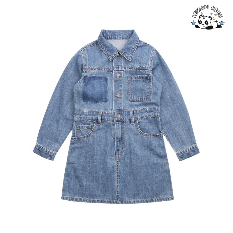 LEZONKIDS - Vestido de Jeans de Uma Peça com Lavagem Retro para Crianças, Tendência Personalizada, Vestido de Jeans Meio Aberto para Meninas